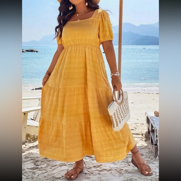 Boho plus size comfy square neck puff sleeve ruffle hem maxi dress - Picture 16 of 16